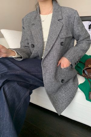 Women's Vintage Houndstooth Wool Suit Coat - High-End Temperament Overcoat for Chic 90s-Inspired Style