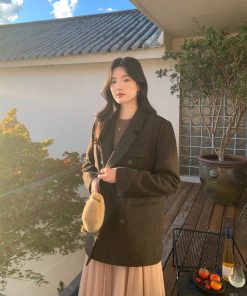 Women's Vintage Houndstooth Wool Suit Coat - High-End Temperament Overcoat for Chic 90s-Inspired Style