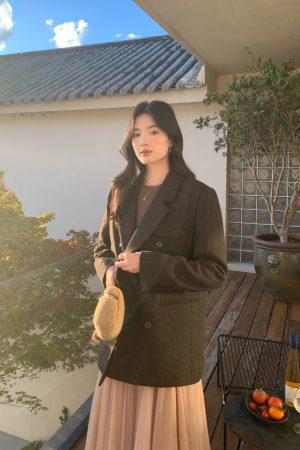 Women's Vintage Houndstooth Wool Suit Coat - High-End Temperament Overcoat for Chic 90s-Inspired Style