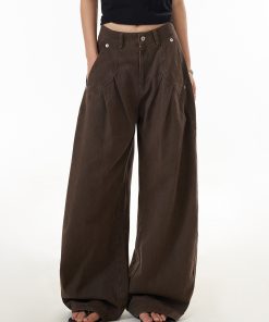 Women's Vintage Pleated Straight Leg Work Pants with Curved Design - Slim Fit Wide Leg Casual Trousers for 90s Inspired Style