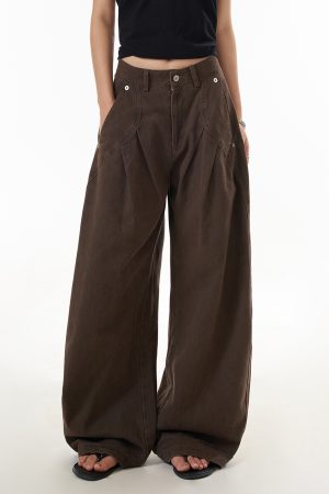 Women's Vintage Pleated Straight Leg Work Pants with Curved Design - Slim Fit Wide Leg Casual Trousers for 90s Inspired Style