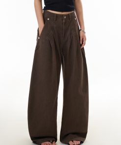 Women's Vintage Pleated Straight Leg Work Pants with Curved Design - Slim Fit Wide Leg Casual Trousers for 90s Inspired Style