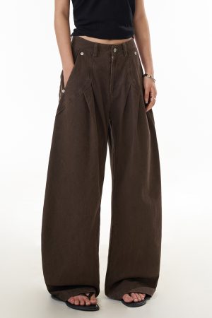 Women's Vintage Pleated Straight Leg Work Pants with Curved Design - Slim Fit Wide Leg Casual Trousers for 90s Inspired Style