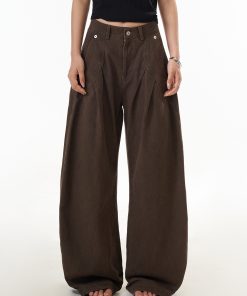 Women's Vintage Pleated Straight Leg Work Pants with Curved Design - Slim Fit Wide Leg Casual Trousers for 90s Inspired Style