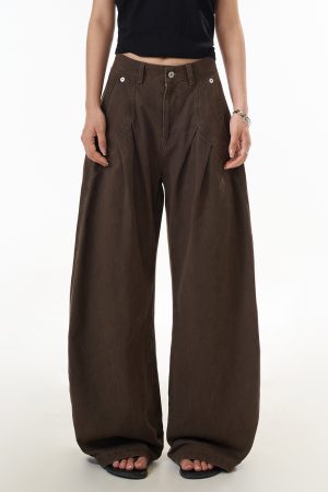 Women's Vintage Pleated Straight Leg Work Pants with Curved Design - Slim Fit Wide Leg Casual Trousers for 90s Inspired Style
