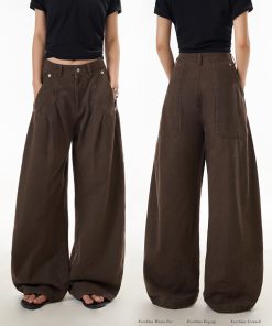 Women's Vintage Pleated Straight Leg Work Pants with Curved Design - Slim Fit Wide Leg Casual Trousers for 90s Inspired Style