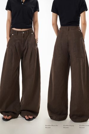 Women's Vintage Pleated Straight Leg Work Pants with Curved Design - Slim Fit Wide Leg Casual Trousers for 90s Inspired Style