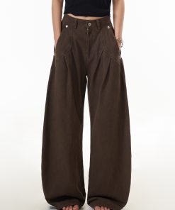 Women's Vintage Pleated Straight Leg Work Pants with Curved Design - Slim Fit Wide Leg Casual Trousers for 90s Inspired Style