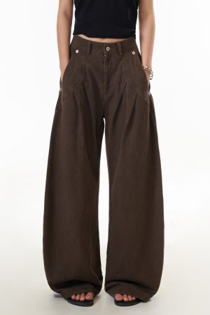 Women's Vintage Pleated Straight Leg Work Pants with Curved Design - Slim Fit Wide Leg Casual Trousers for 90s Inspired Style
