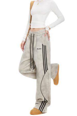 Women's Vintage Striped Sweatpants - Straight-Leg Casual Pants for Autumn, Trendy Street Style, Sporty Draped Design