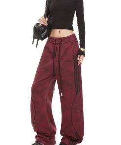 Women's Vintage Striped Sweatpants - Straight-Leg Casual Pants for Autumn, Trendy Street Style, Sporty Draped Design