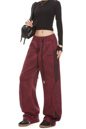 Women's Vintage Striped Sweatpants - Straight-Leg Casual Pants for Autumn, Trendy Street Style, Sporty Draped Design