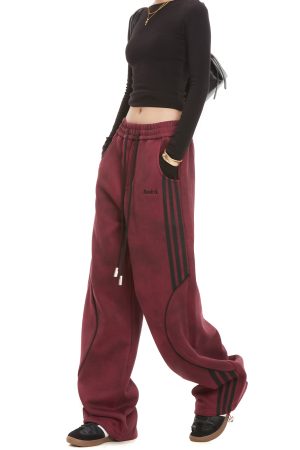 Women's Vintage Striped Sweatpants - Straight-Leg Casual Pants for Autumn, Trendy Street Style, Sporty Draped Design