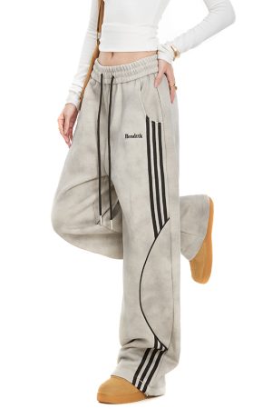 Women's Vintage Striped Sweatpants - Straight-Leg Casual Pants for Autumn, Trendy Street Style, Sporty Draped Design