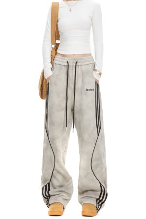 Women's Vintage Striped Sweatpants - Straight-Leg Casual Pants for Autumn, Trendy Street Style, Sporty Draped Design