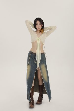 Women's Vintage Wash A-Line Denim Skirt with Front Split - Spring Fashion, Versatile Style, American Vintage Look