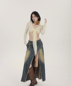 Women's Vintage Wash A-Line Denim Skirt with Front Split - Spring Fashion, Versatile Style, American Vintage Look