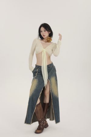 Women's Vintage Wash A-Line Denim Skirt with Front Split - Spring Fashion, Versatile Style, American Vintage Look