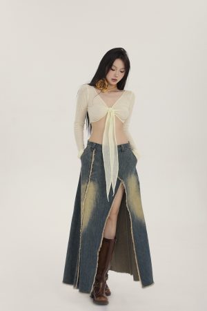 Women's Vintage Wash A-Line Denim Skirt with Front Split - Spring Fashion, Versatile Style, American Vintage Look