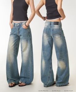 Women's Vintage Washed Distressed Straight Leg Jeans - Loose Draped Slim Fit Long Pants for Casual Street Style
