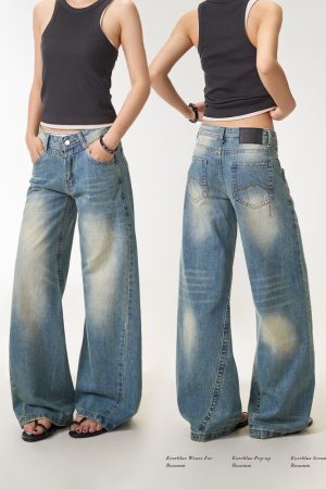 Women's Vintage Washed Distressed Straight Leg Jeans - Loose Draped Slim Fit Long Pants for Casual Street Style