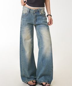 Women's Vintage Washed Distressed Straight Leg Jeans - Loose Draped Slim Fit Long Pants for Casual Street Style