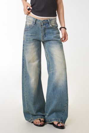 Women's Vintage Washed Distressed Straight Leg Jeans - Loose Draped Slim Fit Long Pants for Casual Street Style