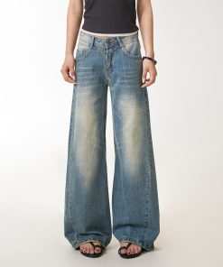 Women's Vintage Washed Distressed Straight Leg Jeans - Loose Draped Slim Fit Long Pants for Casual Street Style