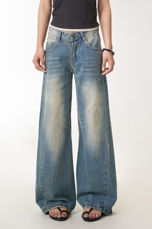 Women's Vintage Washed Distressed Straight Leg Jeans - Loose Draped Slim Fit Long Pants for Casual Street Style