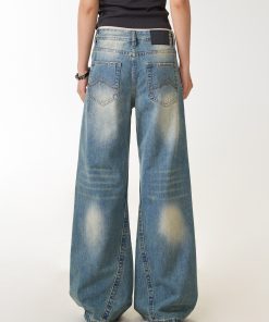 Women's Vintage Washed Distressed Straight Leg Jeans - Loose Draped Slim Fit Long Pants for Casual Street Style