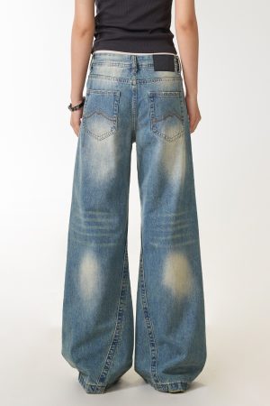 Women's Vintage Washed Distressed Straight Leg Jeans - Loose Draped Slim Fit Long Pants for Casual Street Style
