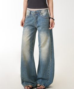 Women's Vintage Washed Distressed Straight Leg Jeans - Loose Draped Slim Fit Long Pants for Casual Street Style