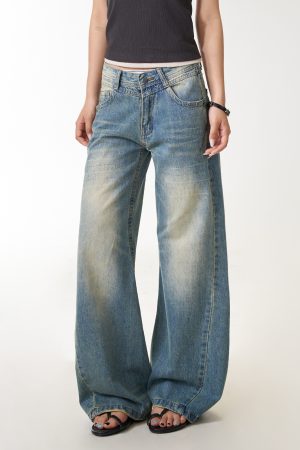 Women's Vintage Washed Distressed Straight Leg Jeans - Loose Draped Slim Fit Long Pants for Casual Street Style
