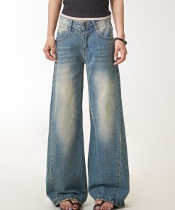 Women's Vintage Washed Distressed Straight Leg Jeans - Loose Draped Slim Fit Long Pants for Casual Street Style