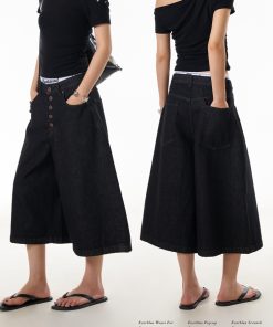Women's Vintage Wide-Leg Denim Capris - Original Color Button Workwear Shorts for Summer, 90s American Style