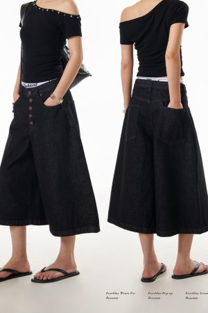 Women's Vintage Wide-Leg Denim Capris - Original Color Button Workwear Shorts for Summer, 90s American Style