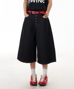 Women's Vintage Wide-Leg Denim Capris - Original Color Button Workwear Shorts for Summer, 90s American Style