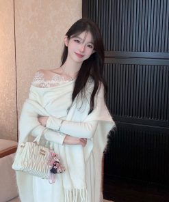 Women's White Alpaca Wool Knitted Cardigan Coat - Warm Autumn Winter Cloak Shawl for Cozy Layering