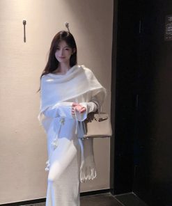 Women's White Alpaca Wool Knitted Cardigan Coat - Warm Autumn Winter Cloak Shawl for Cozy Layering