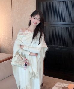Women's White Alpaca Wool Knitted Cardigan Coat - Warm Autumn Winter Cloak Shawl for Cozy Layering