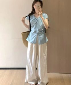 Women's White Bow Tie Shirt with Flying Sleeves - Unique Summer Top, Flattering Waist Design for Effortless Style