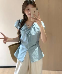 Women's White Bow Tie Shirt with Flying Sleeves - Unique Summer Top, Flattering Waist Design for Effortless Style