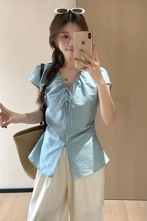 Women's White Bow Tie Shirt with Flying Sleeves - Unique Summer Top, Flattering Waist Design for Effortless Style