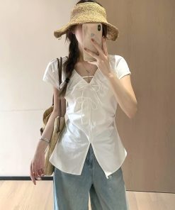 Women's White Bow Tie Shirt with Flying Sleeves - Unique Summer Top, Flattering Waist Design for Effortless Style
