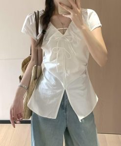 Women's White Bow Tie Shirt with Flying Sleeves - Unique Summer Top, Flattering Waist Design for Effortless Style