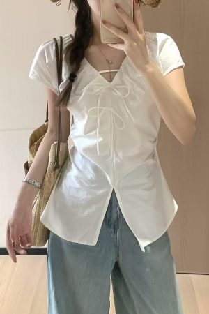 Women's White Bow Tie Shirt with Flying Sleeves - Unique Summer Top, Flattering Waist Design for Effortless Style