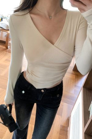 Women's White Cross V-Neck Long Sleeve Knitted Sweater - Autumn Irregular Slim Fit Versatile Basic Top - Y2K Fashion Style