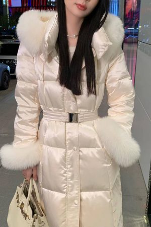 Women's White Duck Down Jacket with Fox Fur Collar - Thick Mid-Length Waist-Defining Winter Style 2025
