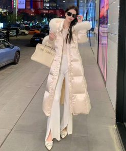 Women's White Duck Down Jacket with Fox Fur Collar - Thick Mid-Length Waist-Defining Winter Style 2025
