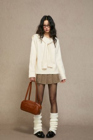 Women's White Faux Two-Piece Knitted Sweater, High-End Lazy Style Top for Autumn Winter 2025, Trendy Fashion Essential